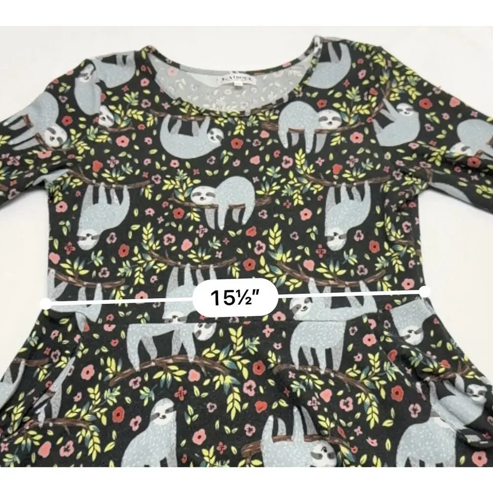 L.A Soul Sloth Dress Women's M Black Long Sleeve Fit & Flare Novelty Print